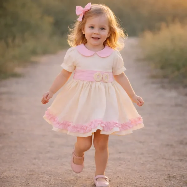 Niña caminando con vestido de niña marfil y rosa con cuello bebé rosa, fajín con flores y volante rosa en el bajo modelo Helen Rosa