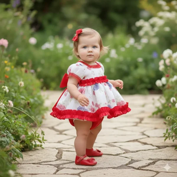 Jesusito de niña floral DALILA con volantes rojos