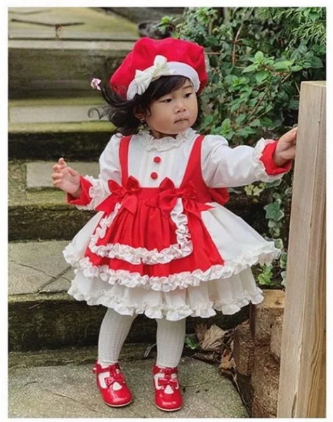 Vestido de niña blanco y rojo LEONOR en popelín