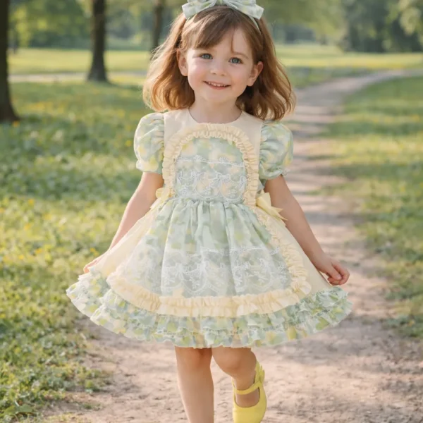vestido niña elegante amarillo verde con encaje modelo Azahar