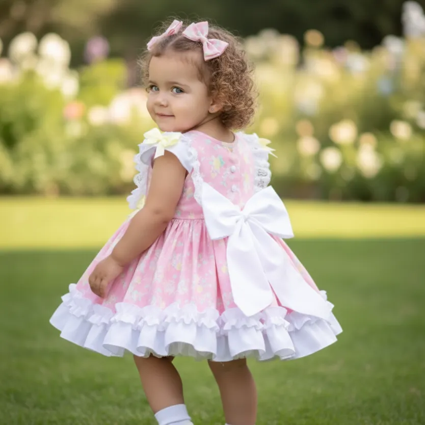 Espalda de vestido de niña bebé rosa con gran lazo blanco y volantes