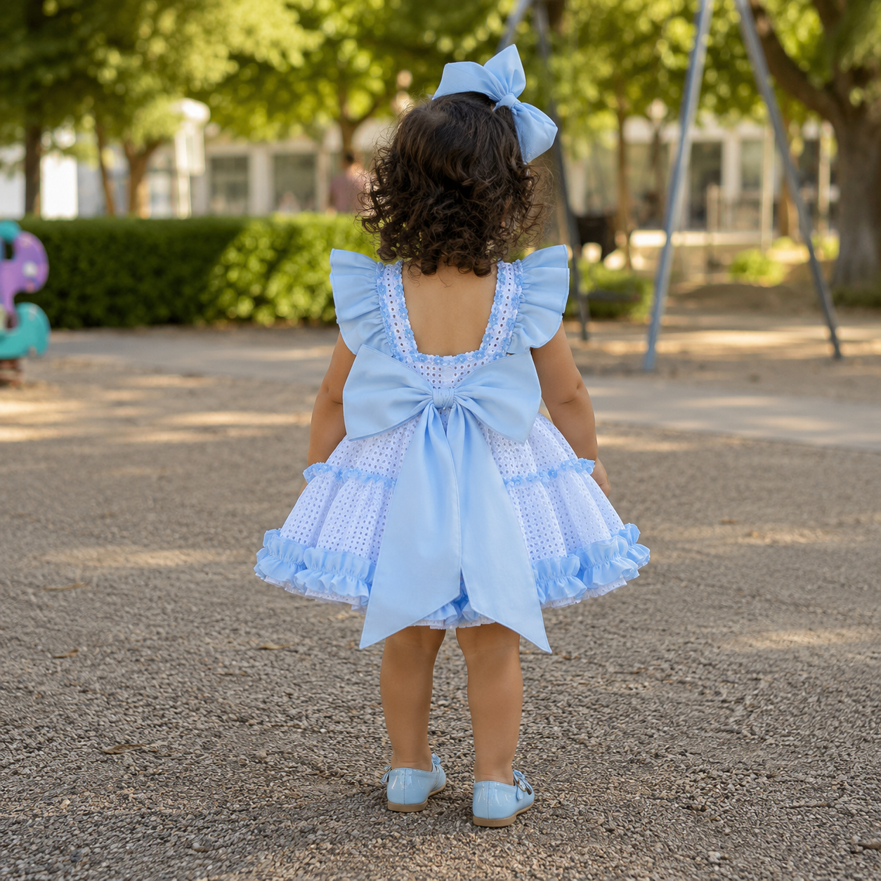 Espalda de niña con vestido blanco y celeste Ariadna con gran lazo trasero