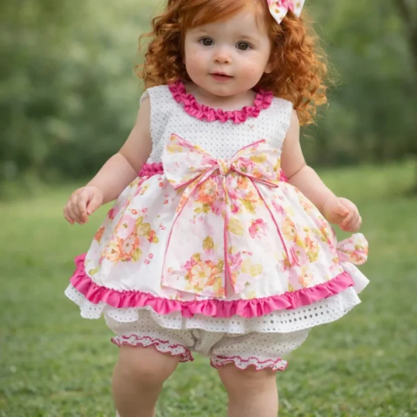 Niña bebé con vestido infantil floral rosa y blanco con lazo central y volantes, en exterior
