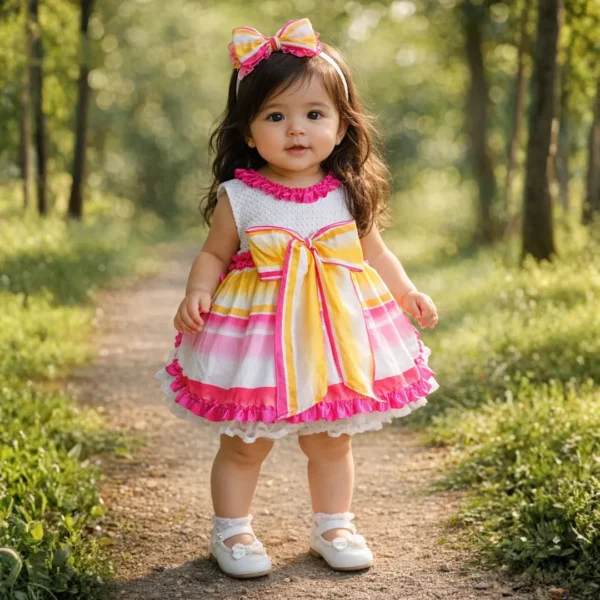 Niña bebé de pie con vestido infantil amarillo y rosa con lazo central y volante, en exterior natural