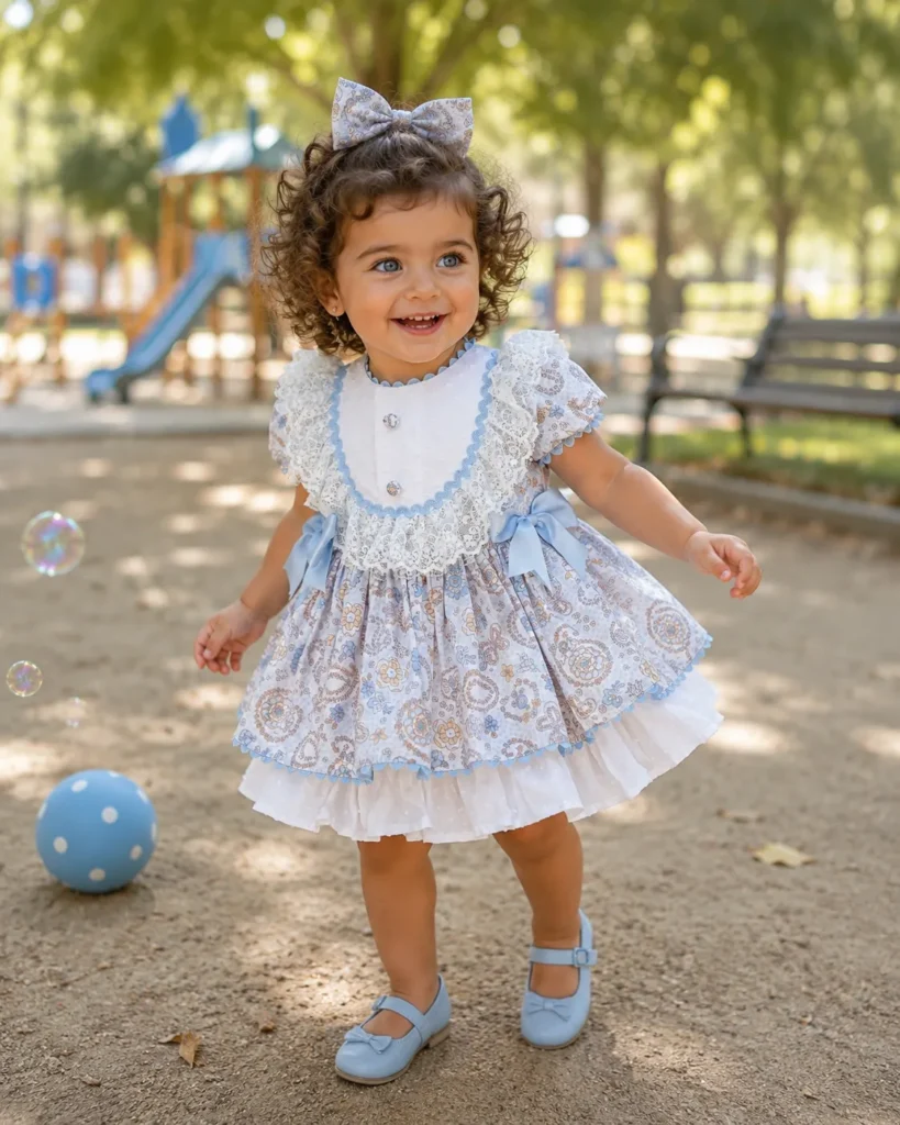 Niña con vestido estampado celeste Romina jugando en el parque con pelota azul