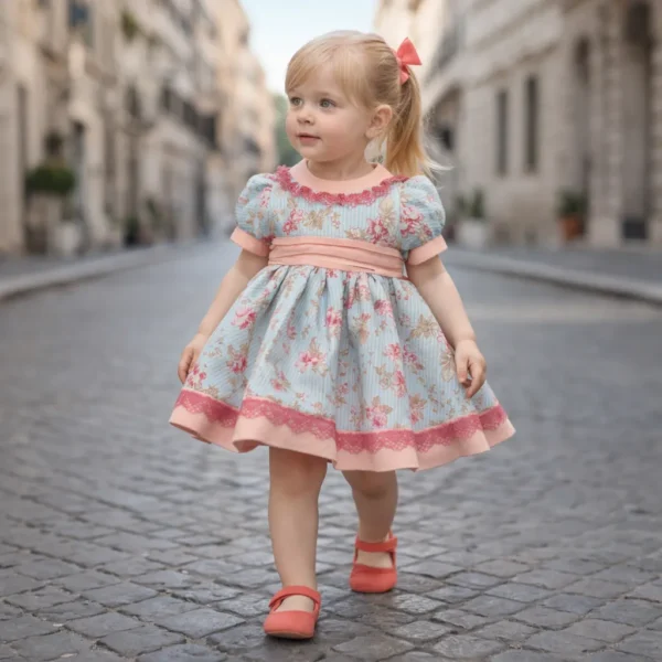Vestido de niña floral azul con detalles rosa, corte clásico y falda con vuelo, fotografiado de frente mientras camina por una calle empedrada