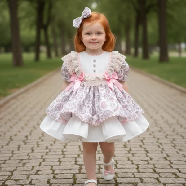niña caminando con vestido de niña estampado paisley rosa con volantes y lazo