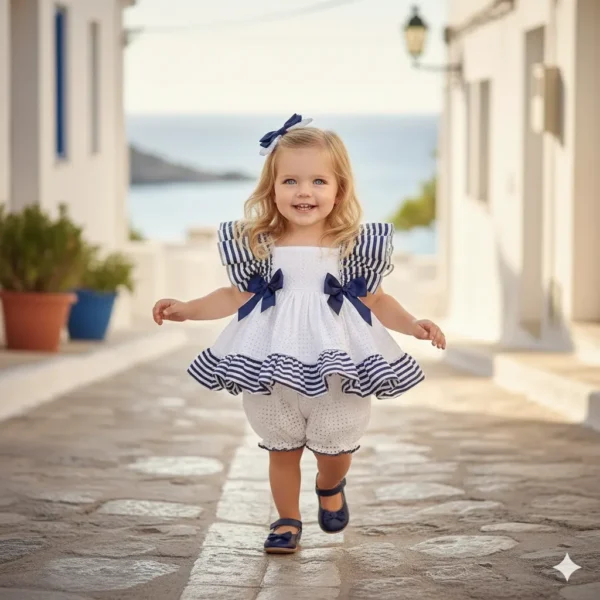 Vestido de niña blanco con rayas azul marino y volantes amplios, modelo Roma, caminando en calle mediterránea