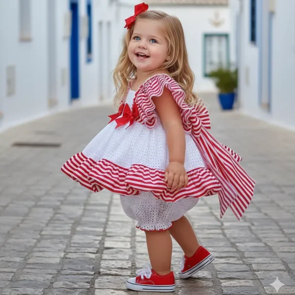 Niña con vestido Roma rojo y blanco de rayas caminando en calle mediterránea con vuelo en movimiento