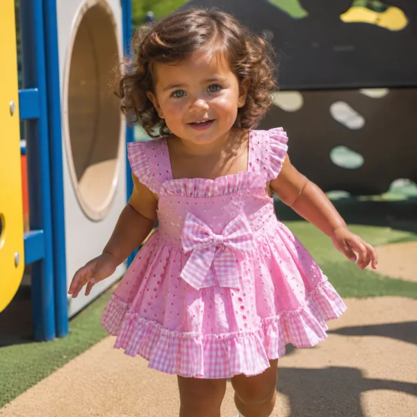 Niña pequeña con vestido rosa bordado y volantes vichy caminando en un parque infantil