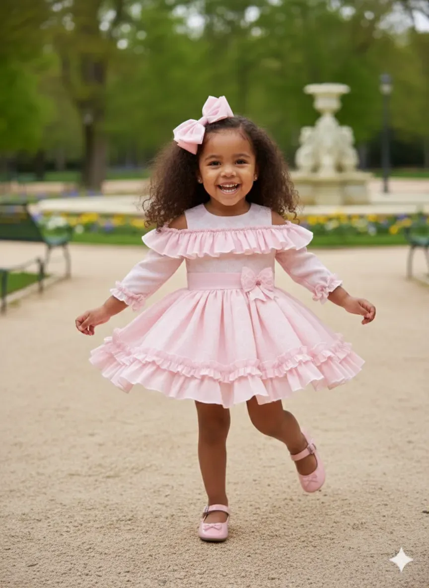Niña en movimiento con vestido rosa empolvado de volantes y lazo, vestido infantil elegante para ocasiones especiales