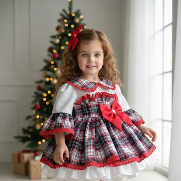 Vestido de niña tartán rojo y negro con lazo rojo y volante blanco modelo Naira