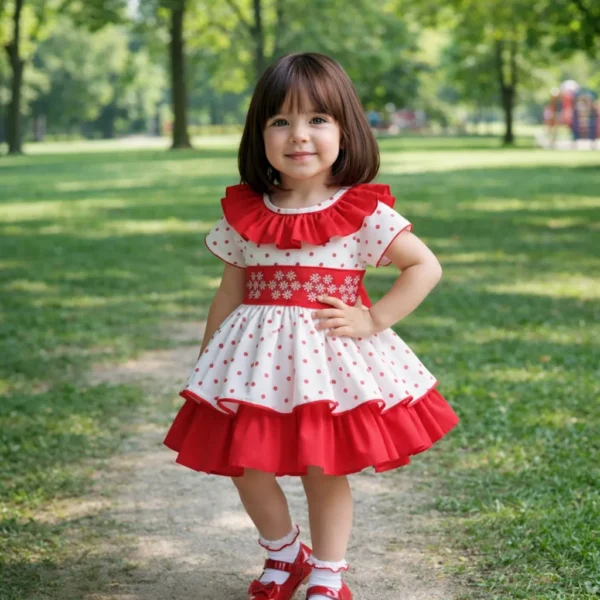 Vestido de niña bebé rojo y blanco con lunares, volante en el cuello y falda con capas