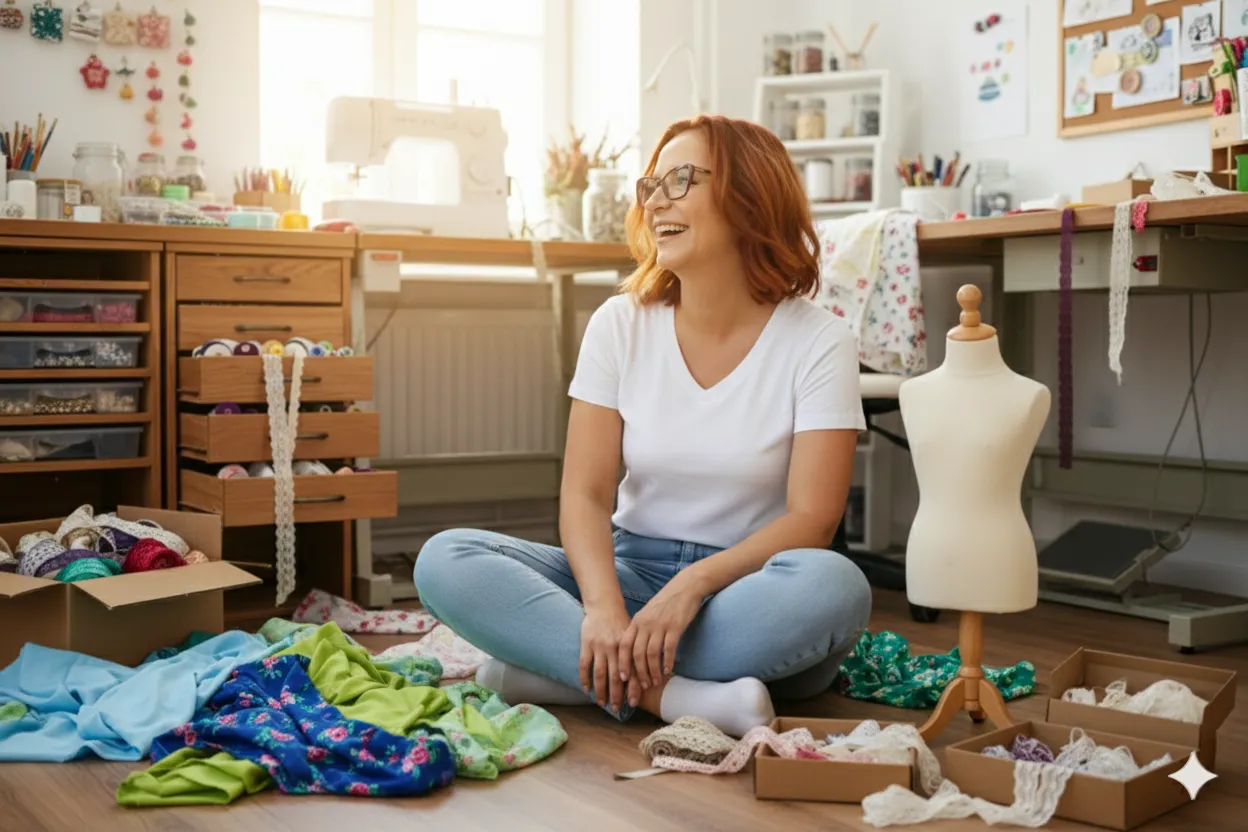 Marga Bermúdez trabajando entre tejidos durante el proceso de creación de un vestido
