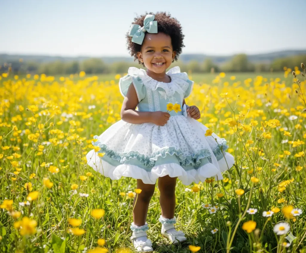Vestido de niña bebé color menta y blanco con volantes en campo de flores