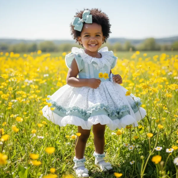 Vestido de niña bebé color menta y blanco con volantes en campo de flores