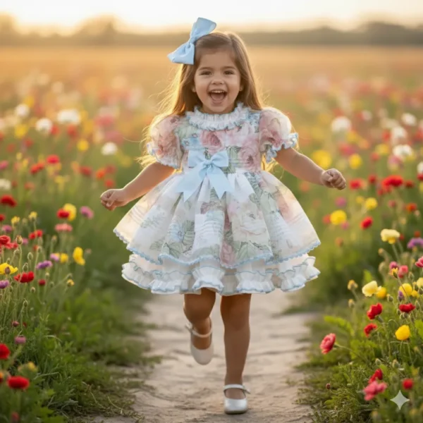 Niña corriendo con vestido de niña floral con lazo celeste y volantes en el bajo en campo de primavera