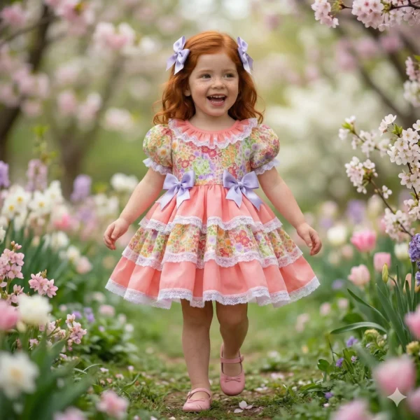 Niña pelirroja caminando entre flores con vestido de niña Lidia en tejido floral y volantes coral con lazos lila