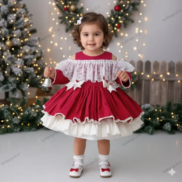 vestido niña Navidad rojo burdeos elegante encaje modelo Aurora
