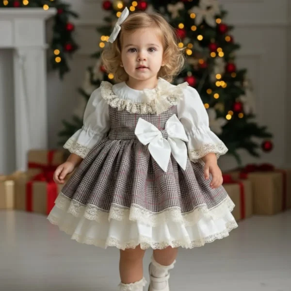 vestido niña Navidad elegante cuadros lazo blanco modelo Daira