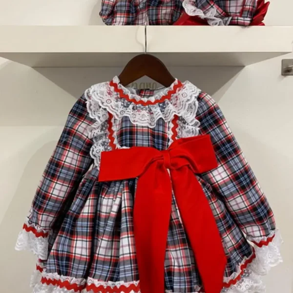 vestido niña tartan rojo con encaje y lazo grande modelo Elena