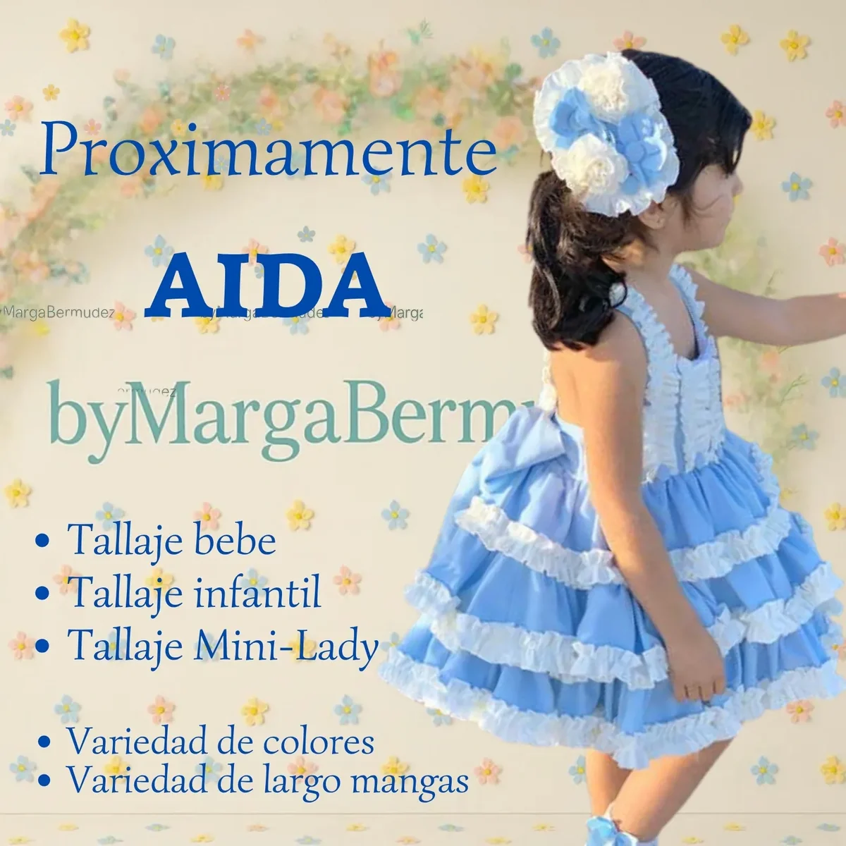 Vestido azul claro y blanco para niña de la colección Aida de byMargaBermúdez - talla bebé, infantil y mini-lady disponibles