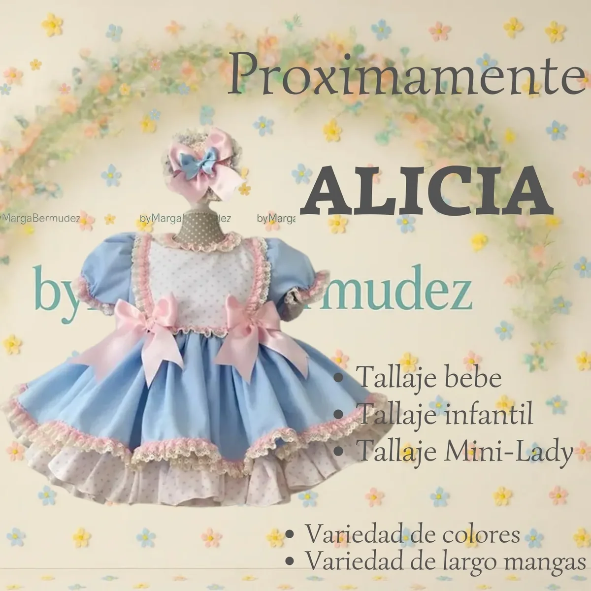 Vestido azul y rosa para niña de la colección Alicia de byMargaBermúdez - talla bebé, infantil y mini-lady disponibles