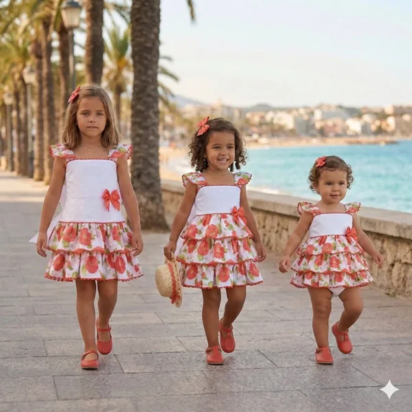 Vestido blanco y estampado floral para niña de la colección Clara de byMargaBermúdez - talla bebé, infantil y mini-lady disponibles