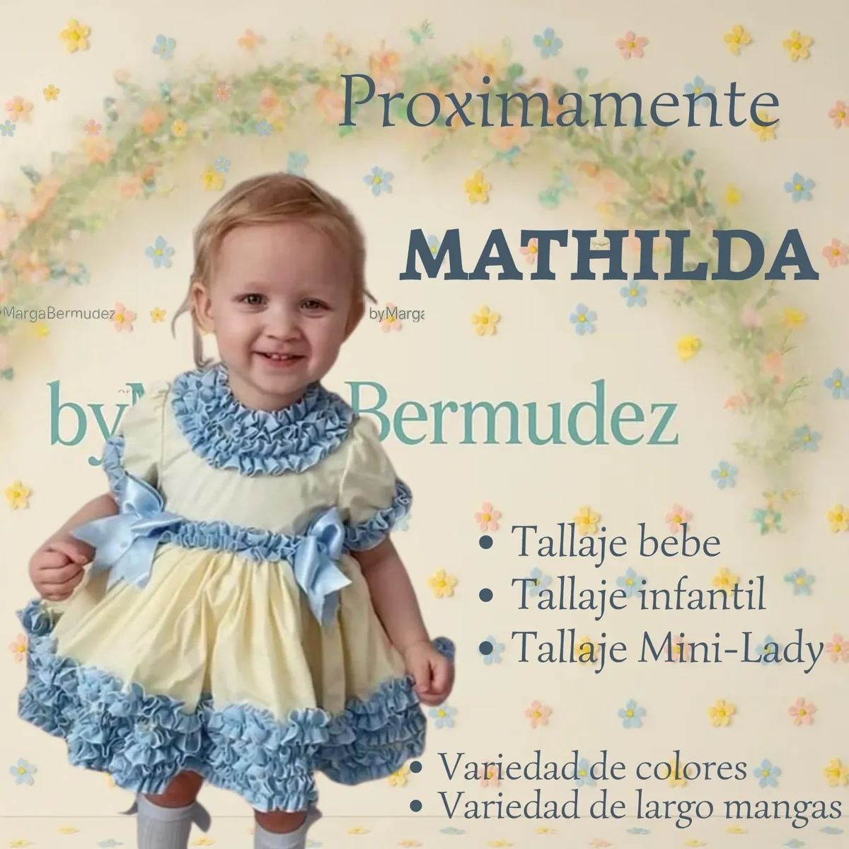 Vestido amarillo y azul para niña de la colección Mathilda de byMargaBermúdez - talla bebé, infantil y mini-lady disponibles