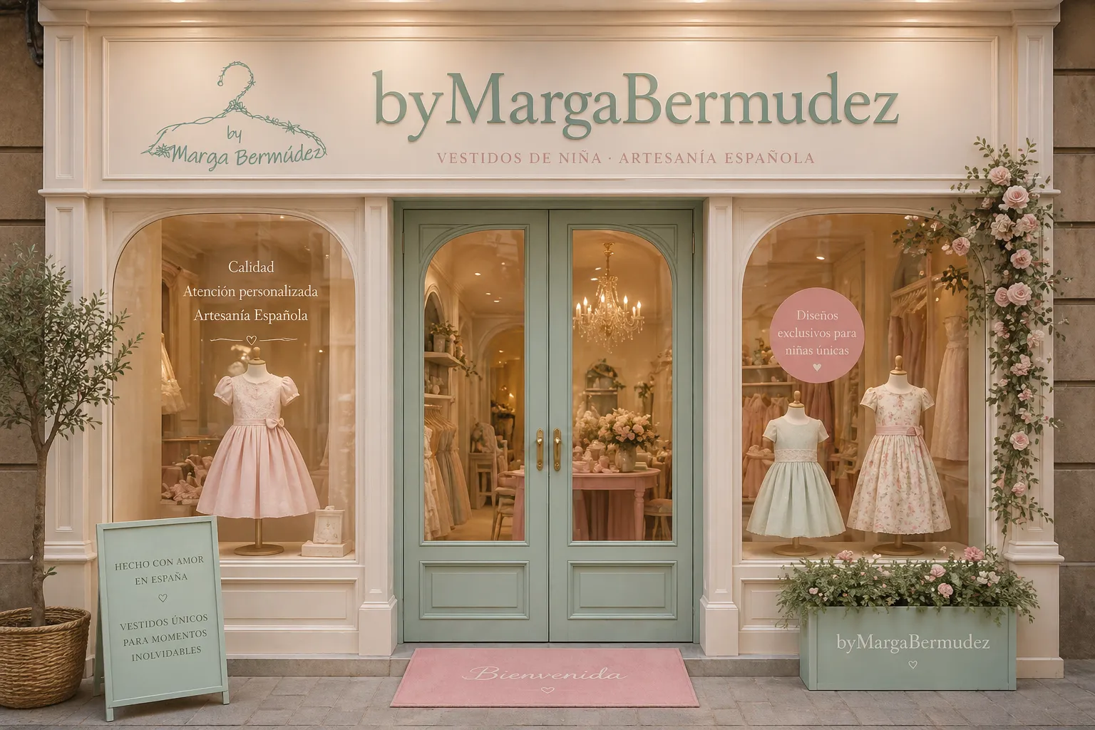 Puerta de tienda infantil elegante en tonos pastel con vestidos de niña y diseño artesanal byMargaBermúdez