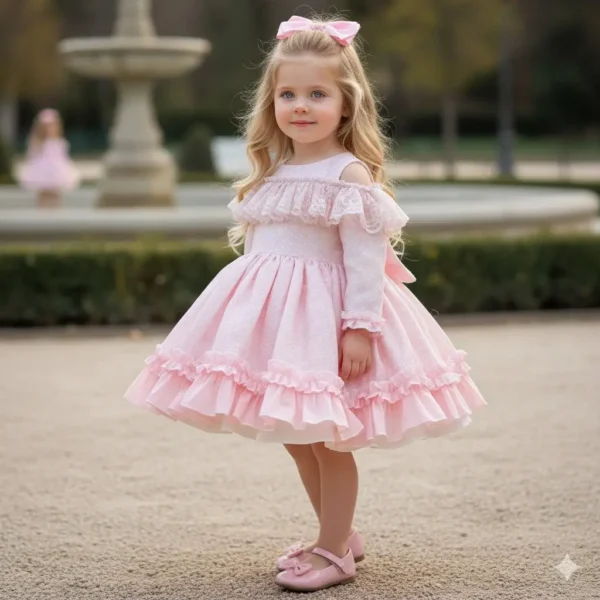 vestido niña rosa elegante ceremonia volantes modelo Aurora
