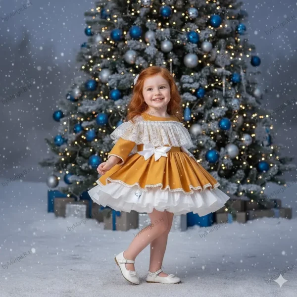 vestido niña mostaza elegante Navidad encaje Aurora