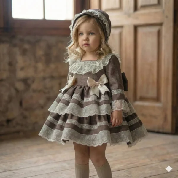 vestido niña marrón elegante con encaje modelo Graciela