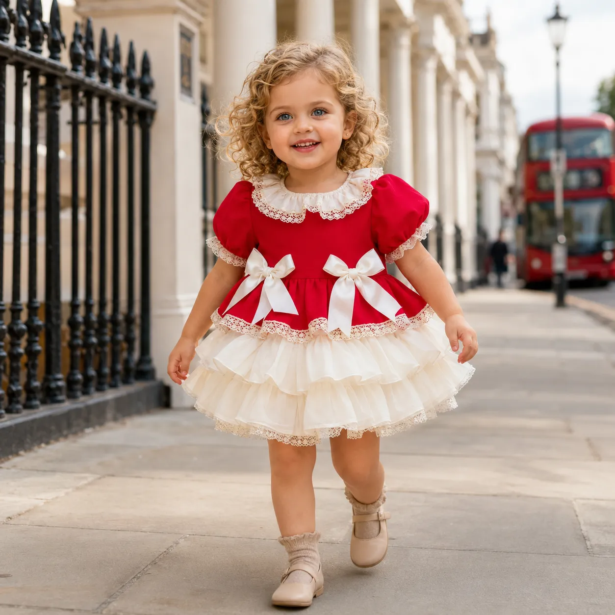 Niña con jesusito Rhita rojo y beige con lazos delanteros paseando por Londres