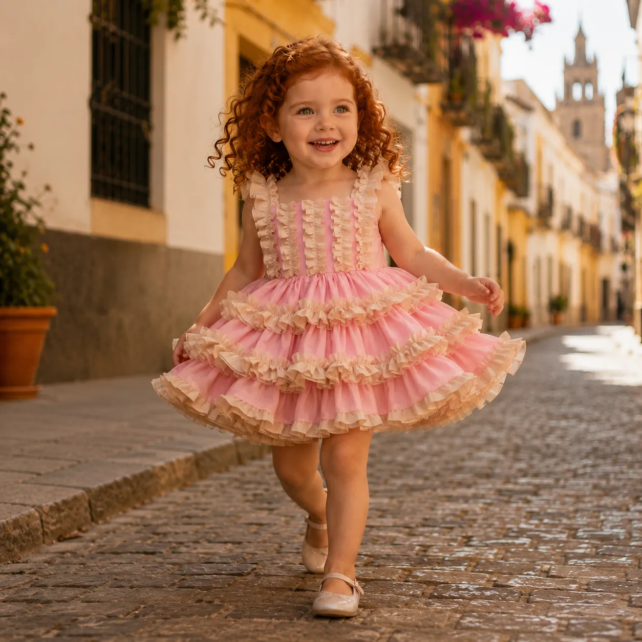 Vestido de niña Aída rosa y beig de byMargaBermúdez