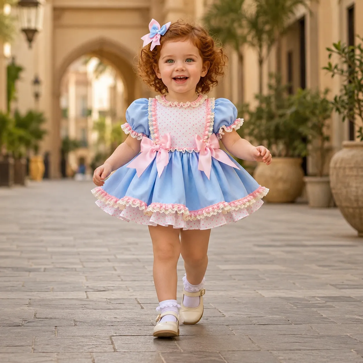 Niña con vestido Alicia celeste y rosa con mangas abullonadas y lazos laterales