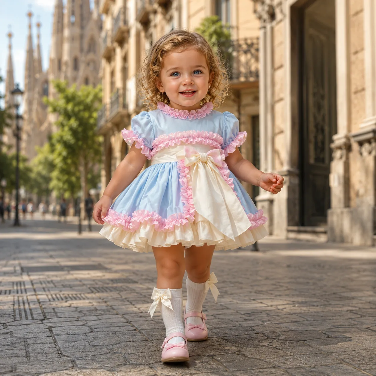 Niña con vestido Camelia celeste y beige con volantes rosas paseando por Barcelona