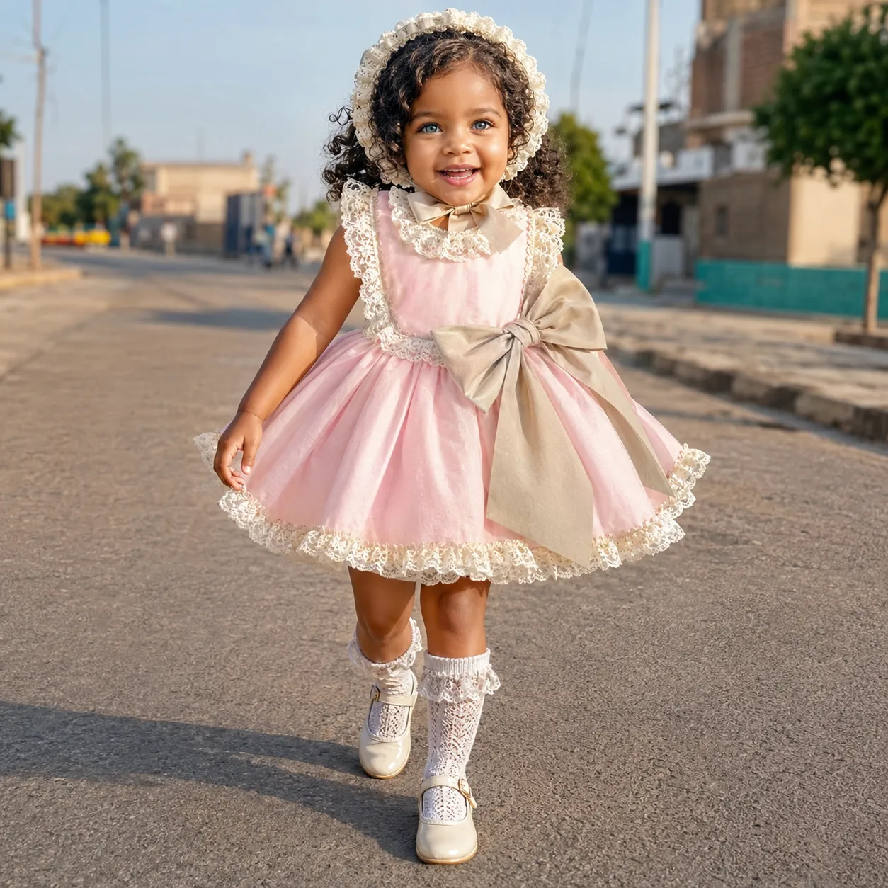 Niña con vestido Elena rosa y beige con encaje y gran lazo lateral