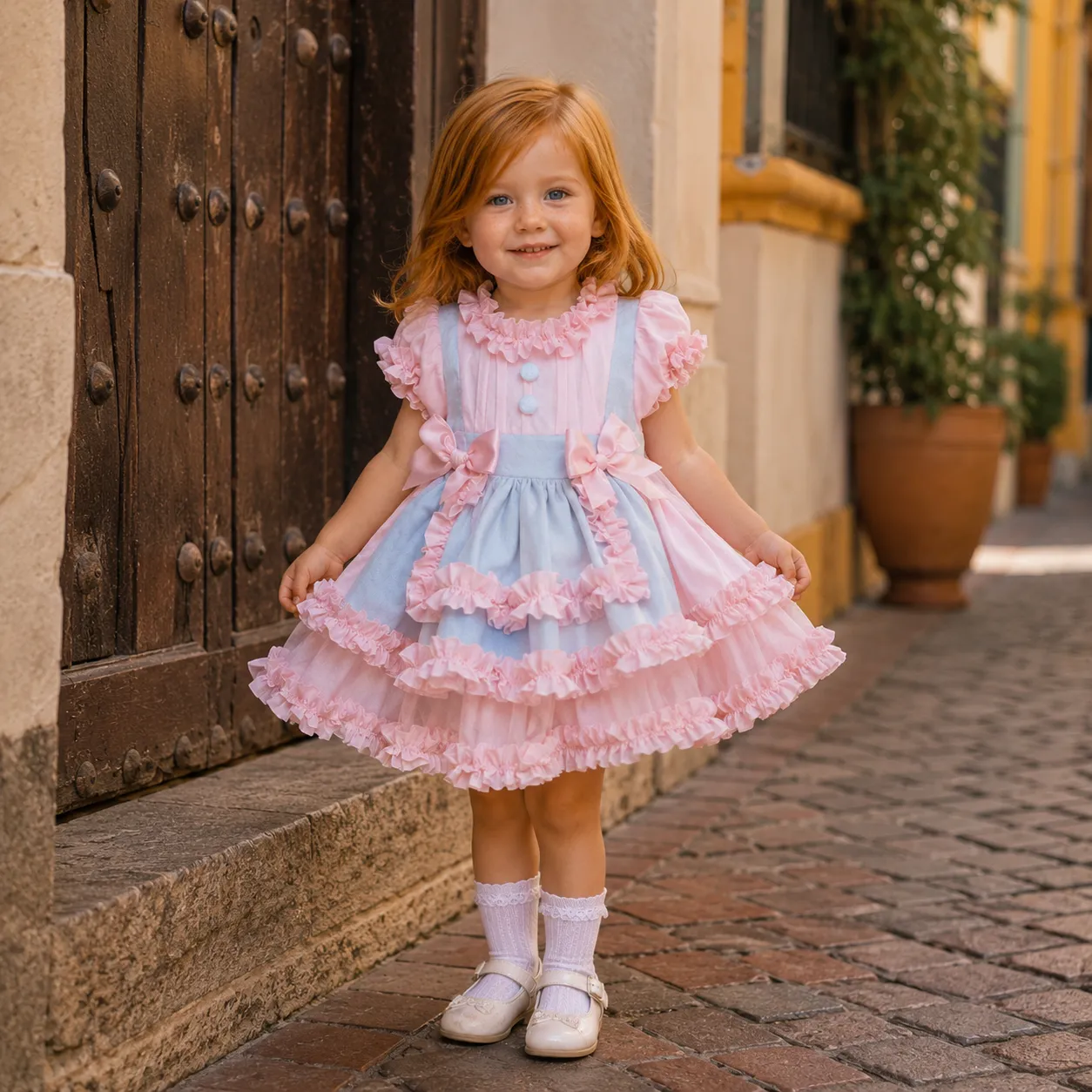 Niña pelirroja con vestido Leonor rosa y celeste de volantes y lazos