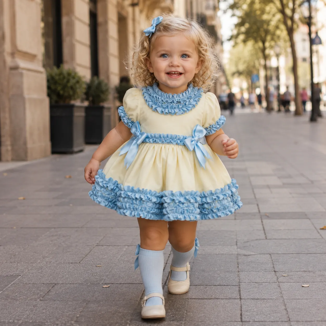 Niña rubia con vestido Mathilda amarillo y celeste con volantes y lazos