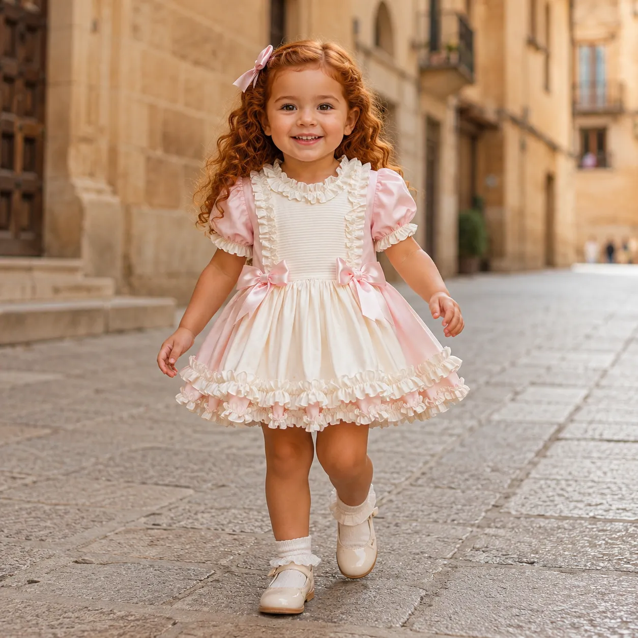 Niña pelirroja con vestido Nancy rosa y beige de manga corta y falda con volantes
