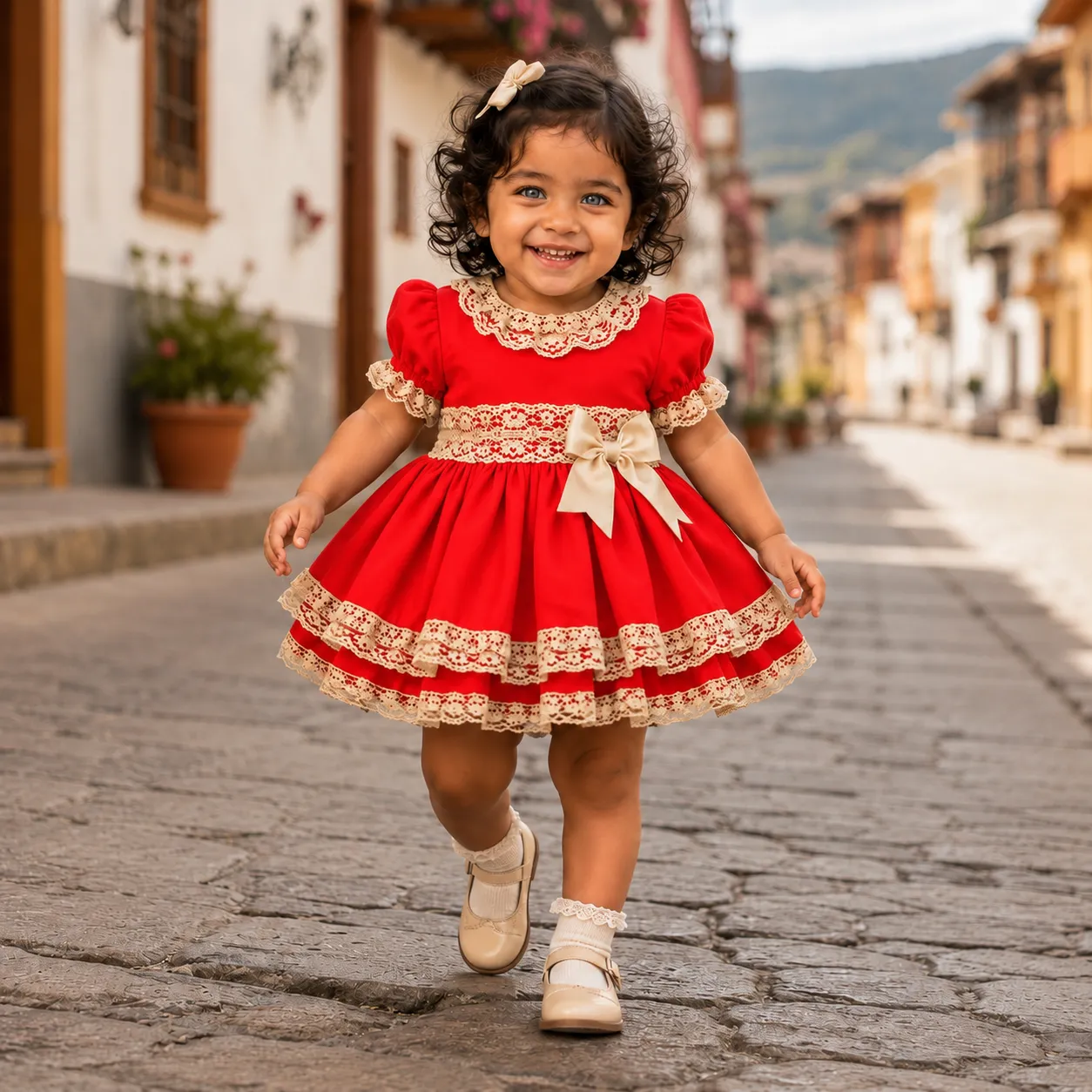 Niña con vestido Nerea rojo y beige con encaje y lazo en la cintura