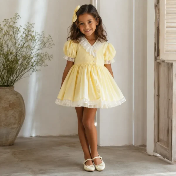 Vestido de niña Teresa amarillo con encaje blanco