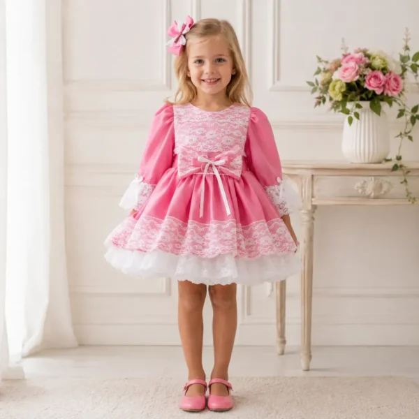 Vestido de niña Alena rosa con encaje blanco