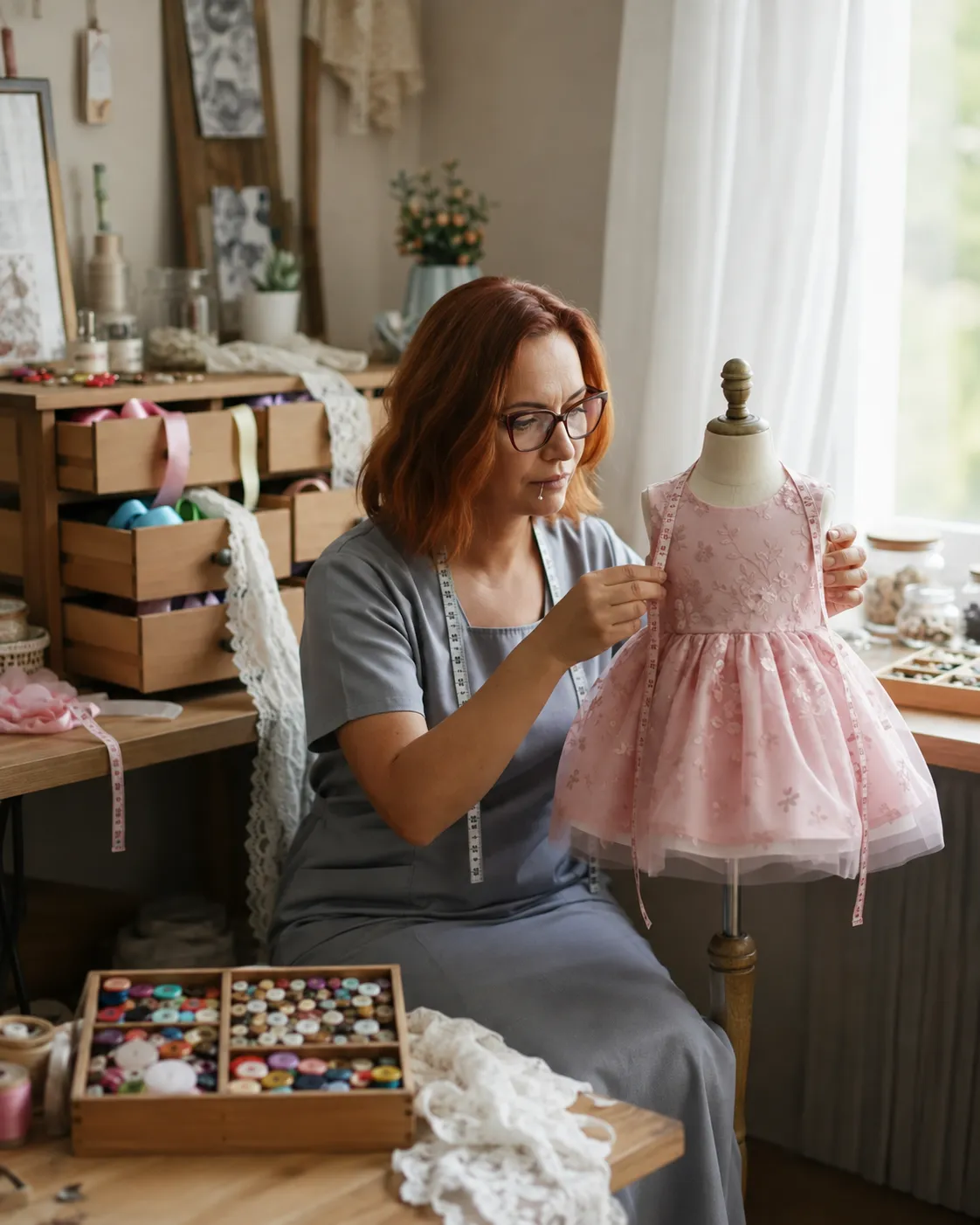 Marga Bermúdez revisando un vestido de niña en su taller