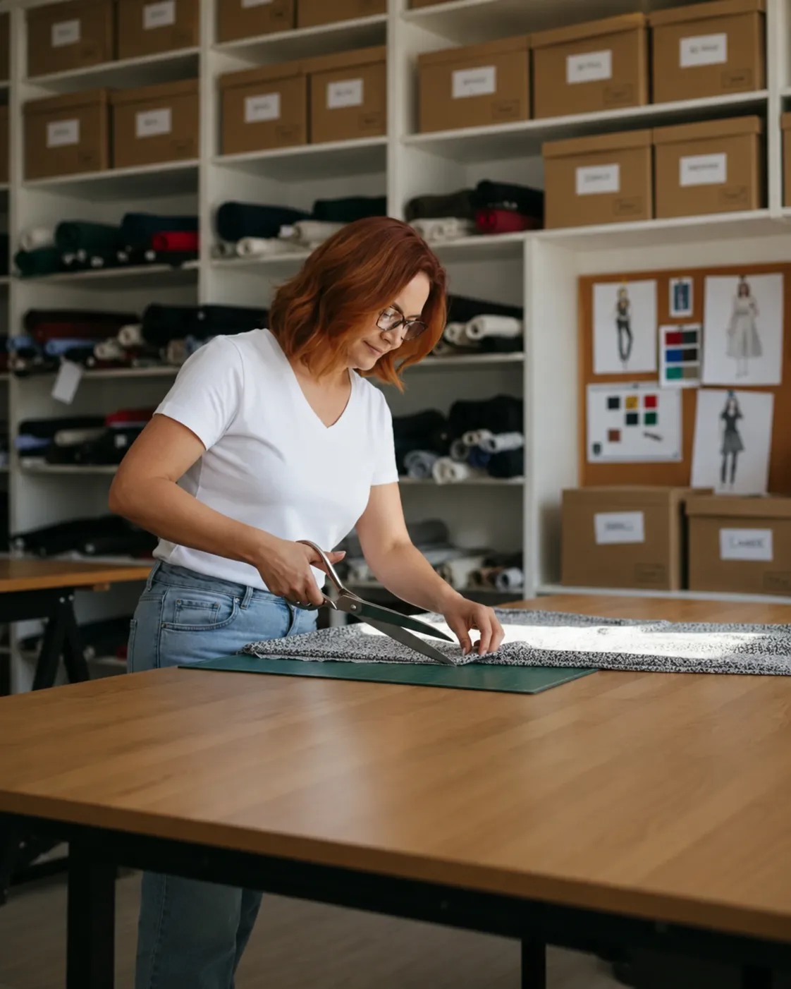 Marga Bermúdez cortando tejido en su taller