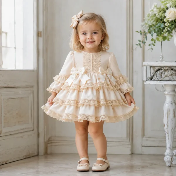 Vestido de niña Esther beige con volantes, encaje y lazos marfil