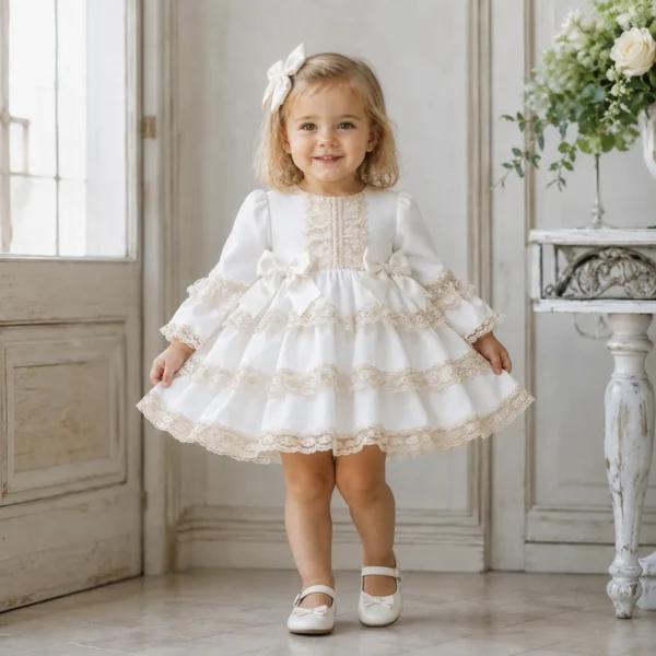 Vestido de niña Esther blanco con volantes, encaje beige y lazos