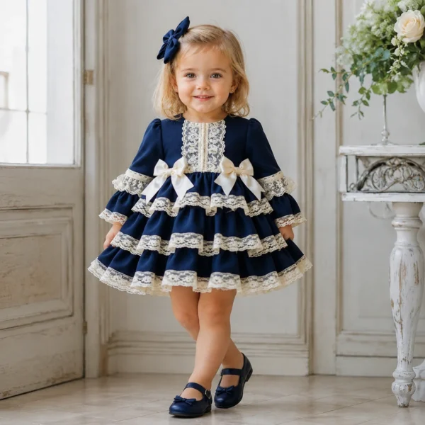 Vestido de niña Esther azul marino con volantes, encaje y lazos marfil