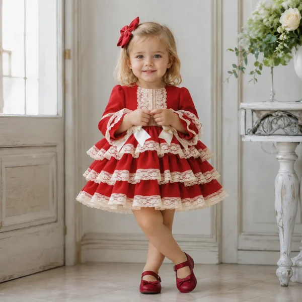 Vestido de niña Esther rojo con volantes, encaje y lazos marfil